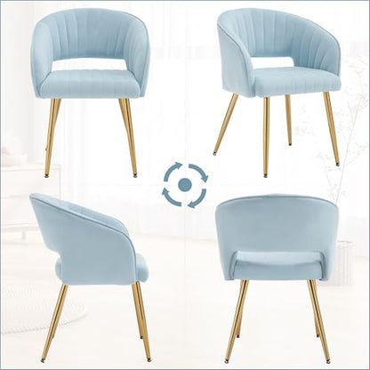 Velvet Home Office Desk Vanity Chair, No Wheels, Gold Legs, Light Blue | Modern Accent Chair with Stylish Stripe Design, Spacious‌ Soft Seat for Girls & Women Bedroom Makeup or Nail Table - color: Blue Velvet, No Wheels