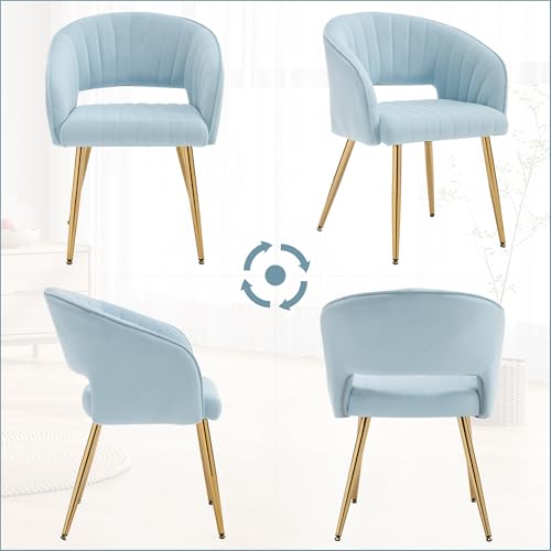 Velvet Home Office Desk Vanity Chair, No Wheels, Gold Legs, Light Blue | Modern Accent Chair with Stylish Stripe Design, Spacious‌ Soft Seat for Girls & Women Bedroom Makeup or Nail Table - color: Blue Velvet, No Wheels
