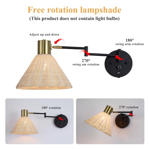 Plug in Rattan Wall Sconce Swing Arm Wall Lamp with USB Port and Dimmer Switch Hand-Woven Boho Rattan Wall Mounted Lamp Suitable for Hallway Bedroom Living Room.Balck - color: Black+Rattan Shade