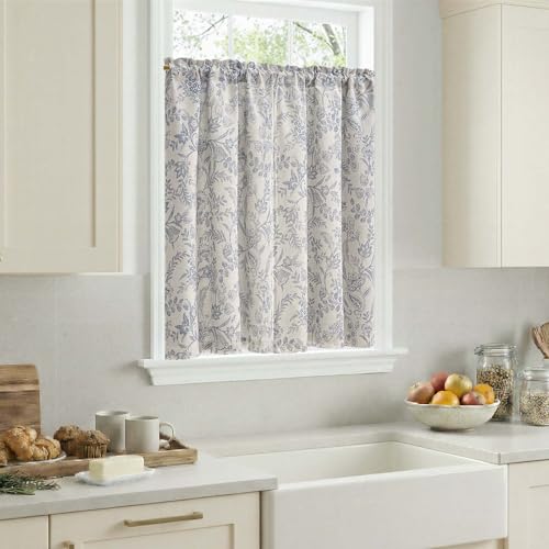jinchan Floral Kitchen Curtains for Windows 36 Inch Linen Lined Tier Farmhouse Cafe Curtains Country Botanic Small Window Rod Pocket Rustic Flax for Laundry Bathroom RV 2 Panels Blue on Beige - color: Lined Blue on Beige, size: 25"W x 36"L (Pack of 2)