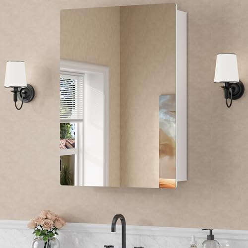 20 x 28 Recessed Medicine Cabinet with Mirror for Bathroom, White | Wall Mounted Cabinet for Storage, Adjustable Glass Shelves, Soft-close DTC Hinges, HD Reflection, Pre-assembled, Aluminum - color: White, size: 20x28