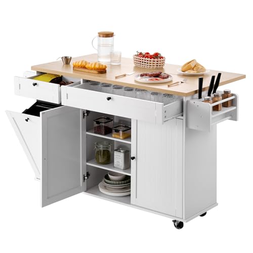 VEVOR Kitchen Island Cart with Storage, 60in Wide Mobile Kitchen Cart with Wheels, Drop Leaf, 2 Drawers, Trash Can Cabinet, Knife Holder, Spice Rack, and Towel Rack, Table for Dining Room, Pantry - size: 60.24"D x 27.56"W x 35.43"H, style: Moveable 1 Cash