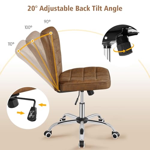 Yaheetech Retro Brown Tufted Armless Desk Chair with Wheels, Faux Leather | Thick foam cushioned seat tilts back to relax, lifts 18-22 in, spins 360 degrees, holds 300 lb, and assembles with ease. - color: Retro Brown