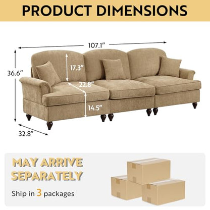 Modular Sectional Sofa Couch, Comfy Chenille Sofa with Removable Ruffled Skirt, Flared Armrests, Sturdy Legs, Convertible 3-Seat for Living Room, Bedroom, Apartment (Coffee) - color: Coffee, size: 107.1 Inch