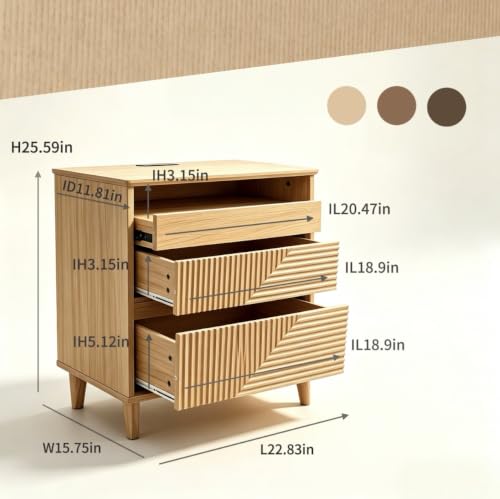 Nightstand with Charging Station, 3 Drawers Fluted Bedside Table, USB Ports Outlets, Mid Century Modern End Table, 1 Small and 2 Large Drawers, Natural Oak 、Walnut Finish (Natural Wood Color) - color: Natural Wood Color
