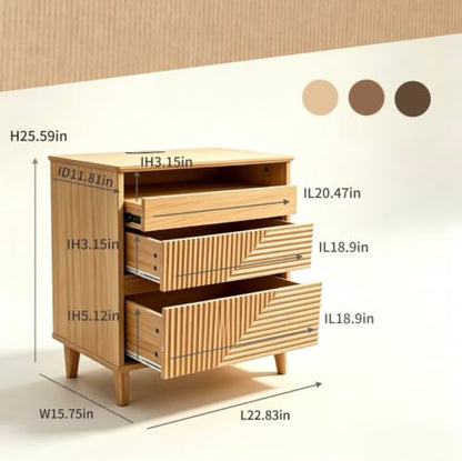 Nightstand with Charging Station, 3 Drawers Fluted Bedside Table, USB Ports Outlets, Mid Century Modern End Table, 1 Small and 2 Large Drawers, Natural Oak 、Walnut Finish (Natural Wood Color) - color: Natural Wood Color