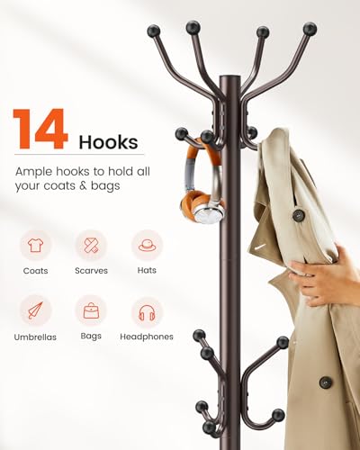 Pipishell Coat Rack with 14 Hooks, Freestanding Coat Rack Stand for Entryway, Hallway, Bedroom, and Office, Metal Coat Tree & Hat Rack for Coats, Hats, and Bags, Brown | Durable metal frame, stable four-point base, 2 hook heights for adults and kids, smoo