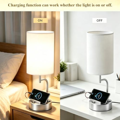 Dreamholder 2 Pack Table Lamp, Bedside Lamp with 3 USB Charging Ports & AC Outlet, USB Desk Lamp with 2 Phone Holders, Linen Fabric Shade Nightstand Lamps for Bedroom Living Room Office, Silver - color: Silver