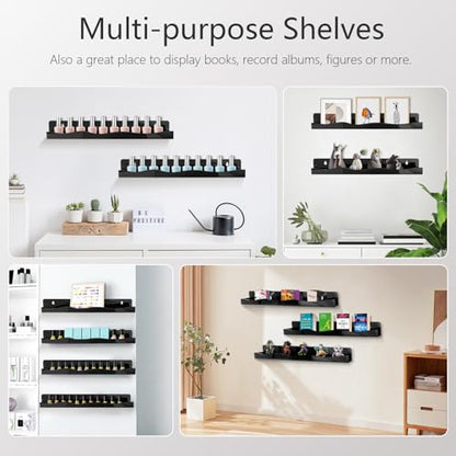 Nail Polish Wall Rack, 6-Shelf 15-Inch Black Acrylic Nail Polish Shelves with Removable Ends – Multi-Purpose Shelf for Essential Oils, Cosmetics Storage and Display for Salons and Bathrooms - color: Black