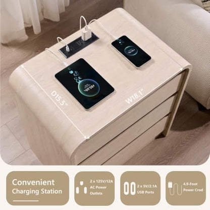 Aitjunz 25" Tall Modern Nightstand with Charging Station, 3 Drawers, Cream | 23.6'' Wide Wood Bedside Table with Curved Profile Design, Large Mid Century End Table for Living Room, Bedroom - color: Cream