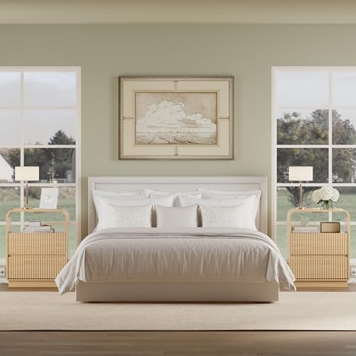 Natural Oak Nightstand with Charging Station, Mid Century Modern Bedside Table & End Table, Fluted Wood Small Night Stand with 2 Hidden Drawers and Storage Shelf for Bedroom - color: Natural Oak, style: 2 Drawers