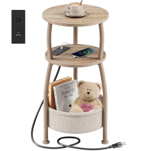 Side Table with Charging Station, Small Round End Table with Basket | Nightstand with USB and Type-C Port, 3-Tier Sofa Couch Bedside Table for Living Room Bedroom, Small Spaces, 11.81in Light Oak - color: Light Oak, size: 11.81" Dia With Power Strip