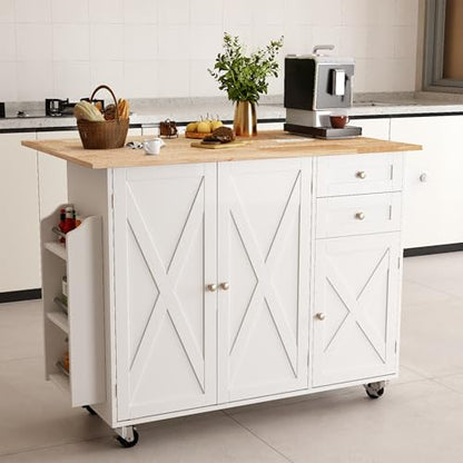 50.4" Kitchen Island with Drop Leaf & Power Outlet, Farmhouse Rolling Island Cart with 3 Spices Shelves on Wheels, Mobil Kitchen Island Table with Rubberwood Countertop Towel Rack, White - size: White