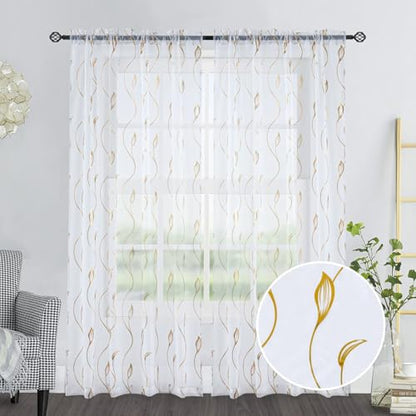Gold Foil Print Sheer Curtains 63 inches Long, 2 Panels Wicker Bronzing Treatment Sheer Curtain, Rod Pocket Window Treatment Panels for Bedroom Living Room - color: Wicker/Gold/White, size: 52"W x 63"L (Pack of 2)