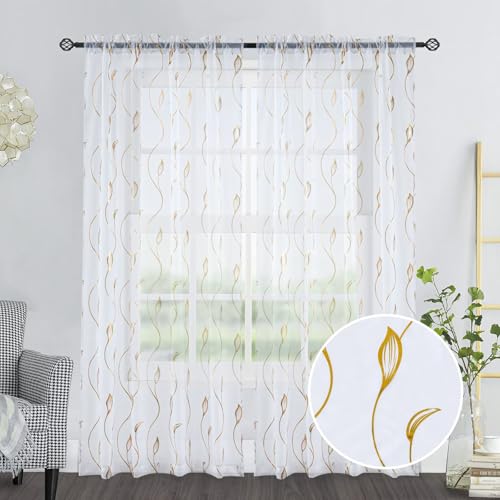 Gold Foil Print Sheer Curtains 84 inches Long, 2 Panels Wicker Bronzing Treatment Sheer Curtain, Rod Pocket Window Treatment Panels for Bedroom Living Room - color: Wicker/Gold/White, size: 52"W x 84"L (Pack of 2)