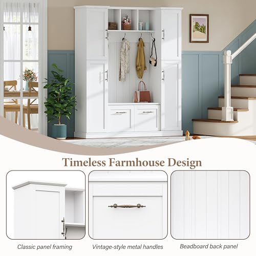 JIVOIT Farmhouse Hall Tree with 4 Side Cabinets, Adjustable Shelves & Open Cubbies, All-in-One Mudroom Furniture, Beadboard Entryway Bench with Coat Rack & 5 Hooks for Hallway (White,152) - color: White,152