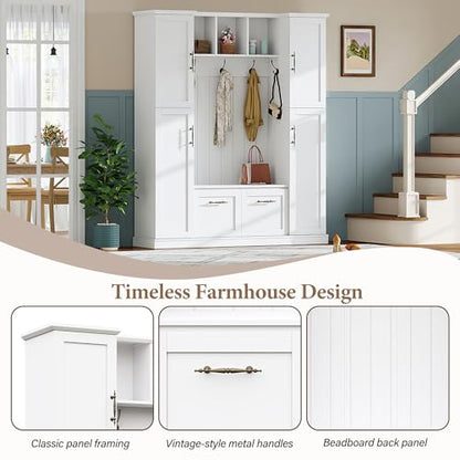 JIVOIT Farmhouse Hall Tree with 4 Side Cabinets, Adjustable Shelves & Open Cubbies, All-in-One Mudroom Furniture, Beadboard Entryway Bench with Coat Rack & 5 Hooks for Hallway (White,152) - color: White,152