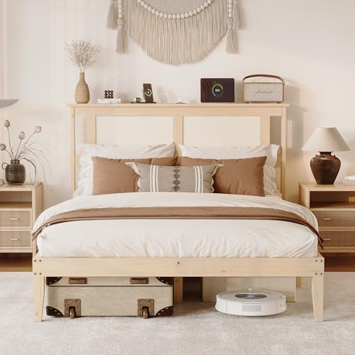 VINGLI Bed Frame Full Size with Rattan Headboard,Boho Platform Bed with Underbed Storage and Charging Ports for Bedroom,Solid Wooden Slats Surpport,Noise-Free,Natural - size: Full