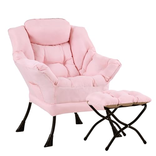 Lazy Chair with Ottoman, Soft Comfy Chair for Bedroom, Pink | Reading Accent Lounge Chair with folding Foot Stool for Living Room Dorm Apartment, sturdy metal frame - color: Pink