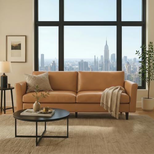 80" Faux Leather Sofa Couch, Mid Century Modern Leather Couch with Rolled Arms and Deep Seats, Brown Leather Sofa for Living Room, 3-Seater Couch for Apartment, Office and Bedroom, Mid Brown - color: Mid Brown, size: Standard