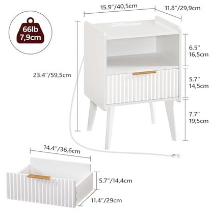 MAHANCRIS White Nightstand with Charging Station, Modern Bedside Table with Drawer and Storage Shelf, End Side Table with Solid Wood Legs, Night Stand, Living Room, Bedroom, Small Space, ETWT61E01N1 - color: White