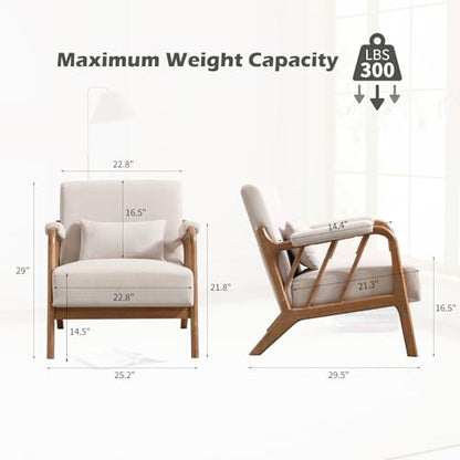 IOMOR Mid Century Modern Accent Chair with Solid Wood Frame, Upholstered Living Room Chairs with Lumbar Cushion Padded Arms, Reading Armchair for Bedroom (1, Beige) - color: Beige