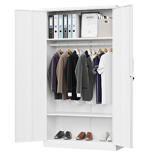 Metal Wardrobe Cabinets with Lock,Clothing Locker 72" X 36" X 18" Storage Cabinets for Home Room,Fire Department, School, Employee,Gym,Government (White) - color: White, size: 18"D x 36"W x 72"H