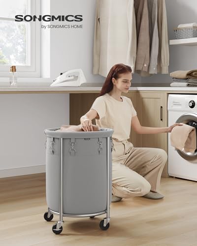 SONGMICS 18.5-Gallon (70 L) Laundry Basket with Wheels, Rolling Round Heavy-Duty Laundry Hamper Cart with Steel Frame and Removable Bag, 2 Locking Wheels, Gray and Metallic Silver URLS006G01 - color: Gray + Metallic Silver, size: 70 L (1-Section)