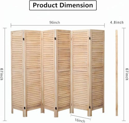 6 Panel Room Dividers and Folding Privacy Screens, Divider for Room Separation, Wood Louvered Divider Wall, Wooden Partition for Home Office Bedroom (Natural)