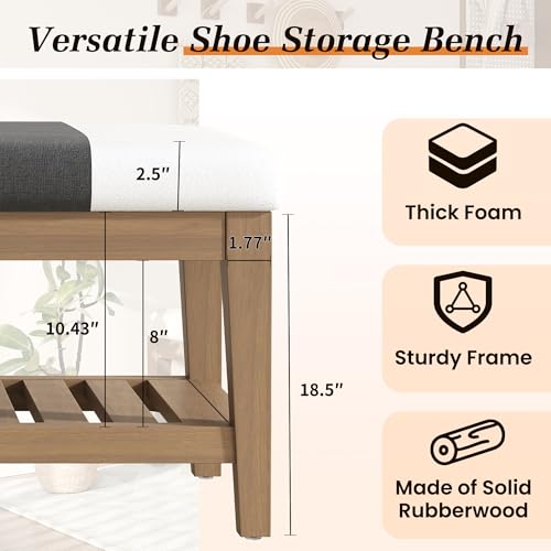 Apicizon 45" Shoe Rack Bench with Upholstered Cushion, Solid Rubberwood Entryway Shoe Bench, Modern Chenille Ottoman Bench with Storage for Hallway Bedroom Living Room Front Door Entrance, Dark Gray - color: Dark Gray