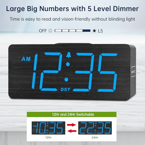 DreamSky Wooden Digital Alarm Clock with Wireless Charging for Bedroom | Bedside Nightstand Clock with Charger Station, USB Port, Large Numbers, Adjustable Volume, Brightness Dimmer, DST - color: Blue