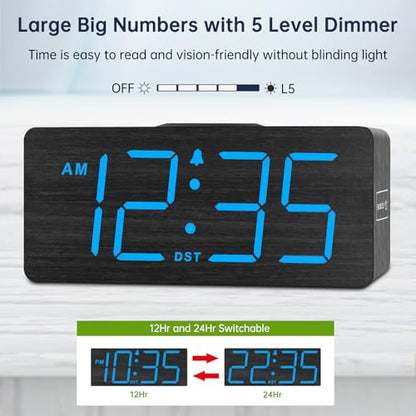 DreamSky Wooden Digital Alarm Clock with Wireless Charging for Bedroom | Bedside Nightstand Clock with Charger Station, USB Port, Large Numbers, Adjustable Volume, Brightness Dimmer, DST - color: Blue