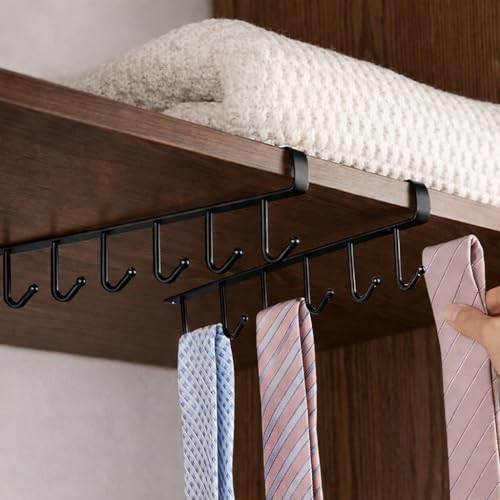 Under Cabinet Mug Holder 2 Pack, 6 Hooks Under Shelf Mug Organizer, Heavy Duty Metal Coffee Cup Holder Rack for Kitchen Cabinet, Space Saving Hanging Storage