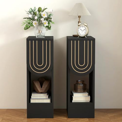 weselon Narrow Nightstand, Slim Bedside Table with Carving Lines Drawer, Mid-Century Modern Small Side End Table for Bedroom Small Space, Wooden Night Stand (1, Black) - color: Black-carved Drawer, size: 1-Pack