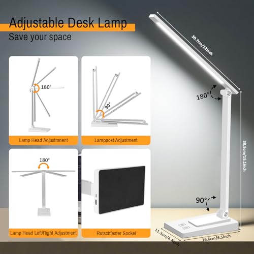 Rechargeable LED Desk Lamp, 5 Color Modes with 5 Brightness | 800LM 2600mAh Reading Table Lamp, Aluminum Bedside Lamp with USB Charging Port for Study Home Office, White - color: White