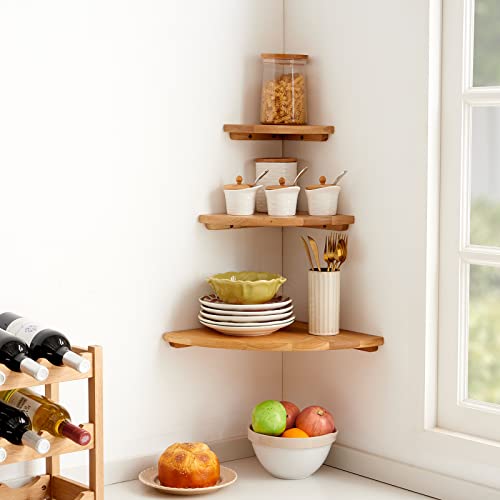 Oak Corner Shelf 7 inches Natural Wood Floating Corner Shelves Round End Wall Mounted Display Shelf Corner Plant Stand for Bathroom Kitchen Bedroom Livingroom Floating Shelves - size: 7 inches