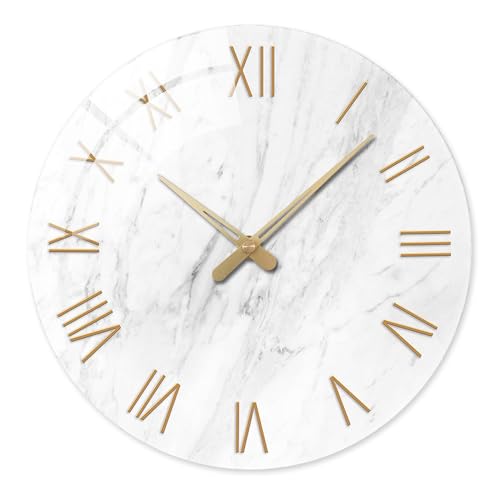 Round Marble Battery Wall Clock Modern 14 Inch | White Minimalist Wall Clock for Kitchen Bedroom Office Living Room Quartz Glass Silent Clock for Wall - color: White, size: 14 Inch