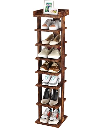 HOMEFORT 7-Tier Wood Shoe Rack, Entryway Shoe Tower,Vertical Shoe Organizer, Wooden Shoe Storage Stand, Rustic Brown - color: Rustic Brown, size: 11"Dx11"Wx45.1"H