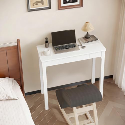 Solid Wood Desk with Drawers - 32 x 16 Inch Simple Narrow Desks, Rubber Wood Study Table, Small Writing Desk for Bedroom|Small Spaces - Modern White Desks - color: White, size: 31.5 in W x 15.7 in D