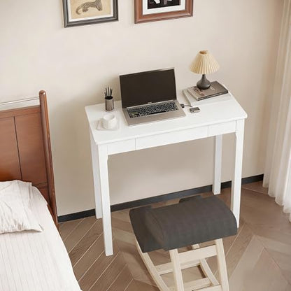 Solid Wood Desk with Drawers - 32 x 16 Inch Simple Narrow Desks, Rubber Wood Study Table, Small Writing Desk for Bedroom|Small Spaces - Modern White Desks - color: White, size: 31.5 in W x 15.7 in D