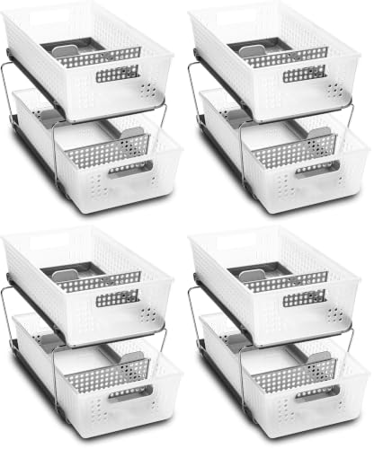 madesmart 2-Tier Organizer Slide-Out Baskets with Handles, Space Saving, Multi-Purpose Storage & BPA-Free, Large, Frost-with Dividers (Pack of 4) - color: Frost + Dividers, size: 4-Pack
