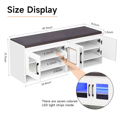 Shoe Bench with Thickened Cushion,Entrance Bench with Glass Door and Ambient Light,Three-Layer Shoe Rack,Color Changing Light Strip, Two Large Storage Spaces,Living Room,Bedroom,White
