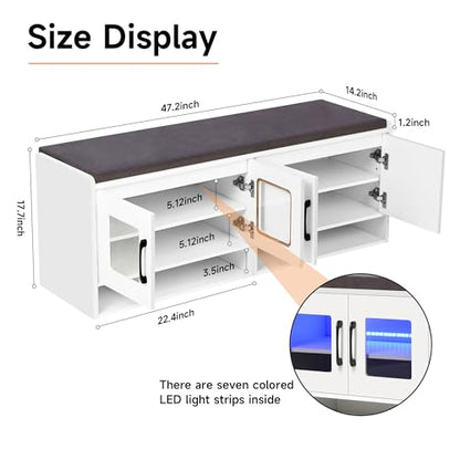 Shoe Bench with Thickened Cushion,Entrance Bench with Glass Door and Ambient Light,Three-Layer Shoe Rack,Color Changing Light Strip, Two Large Storage Spaces,Living Room,Bedroom,White