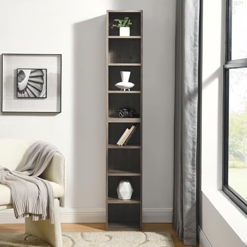 Tall Narrow Bookshelf,8-Tiers Bookcase with Adjustable Shelves,Double-Decker Combination Thin Media Tower Rack,CD DVD Slim Storage Cabinet for Living Room,Bedroom,Studio and Office (Gray, 71"H) - color: Grey