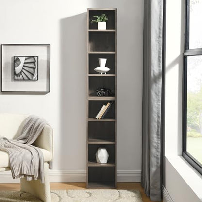 Tall Narrow Bookshelf,8-Tiers Bookcase with Adjustable Shelves,Double-Decker Combination Thin Media Tower Rack,CD DVD Slim Storage Cabinet for Living Room,Bedroom,Studio and Office (Gray, 71"H) - color: Grey