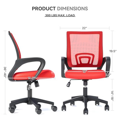 Office Chair, Ergonomic Mid-Back Mesh Desk Chair with Lumbar Support, Adjustable Height Computer Chair with Rolling Wheels Design,Comfy Armrest for Work, Study, Gaming, Red - color: Red