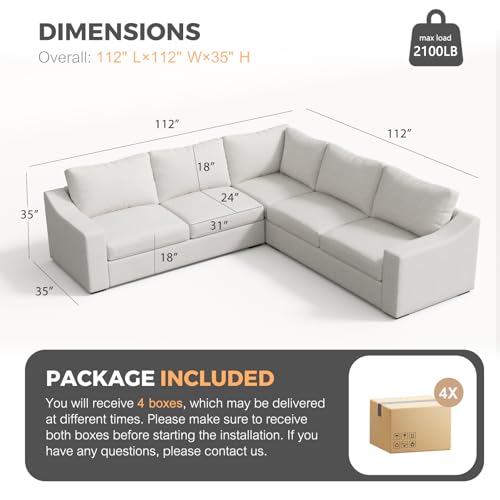 Convertible Sectional, L-Shaped Couch with Extra Deep Seats, Natural Linen Fabric Comfy Modern Corner Sofa for Living Room, Office, White - color: White, size: 112 Inch - V Shaped(5 Seat)