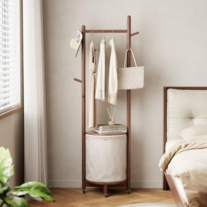 CycleCrew Solid Wood Coat Rack with Fabric Basket - Freestanding Coat Rack Rolling Coat Tree with 9 Hooks Wheels, Small Clothes Rack For Entryway Bedroom Hallway Living Room - color: Walnut Brown