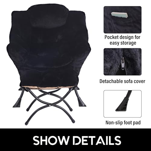 Lazy Chair with Ottoman, Comfy Accent Reading Chair, Plush Black | Foldable Footrest,Removable Cover,with Armrests and Side Pockets,Upholstered Lounge Chair for Bedroom,Dorm,Office,Small Space - color: Plush Black