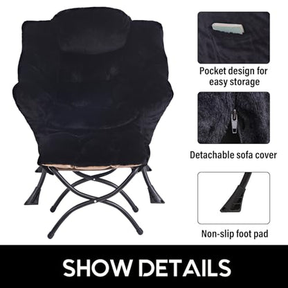 Lazy Chair with Ottoman, Comfy Accent Reading Chair, Plush Black | Foldable Footrest,Removable Cover,with Armrests and Side Pockets,Upholstered Lounge Chair for Bedroom,Dorm,Office,Small Space - color: Plush Black